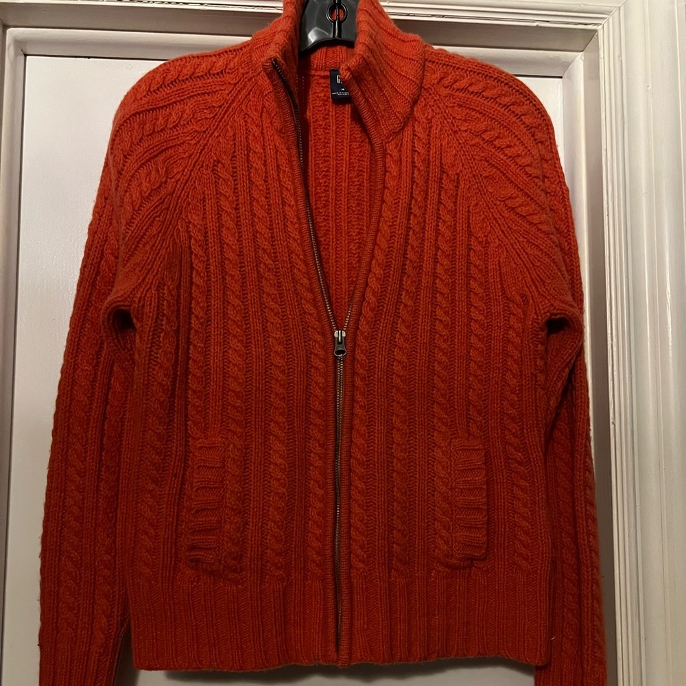 Gap vintage lambs wool cable knit zip front sweater red/orange medium